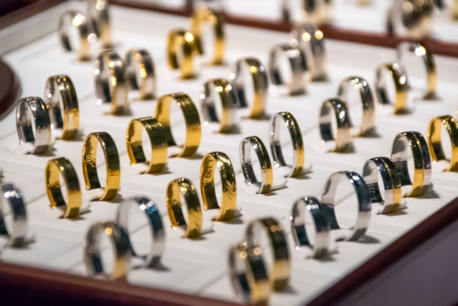 Luxurious display of gold and silver rings